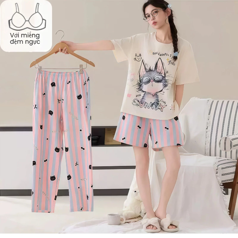 Bộ đồ ngủ 3 mảnh mùa hè 2026, áo thun tay ngắn in hình hoạt hình + quần short + dài, có áo ngực tích hợp, chất cotton mát mịn, phong cách dễ thương, mặc nhà thoải mái