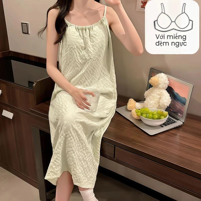 Đầm ngủ dây treo mùa hè, cotton mây mềm mịn, có áo ngực tích hợp cố định, dáng dài vừa thanh lịch, chất mỏng nhẹ mát, mặc nhà thoải mái cả ngày
