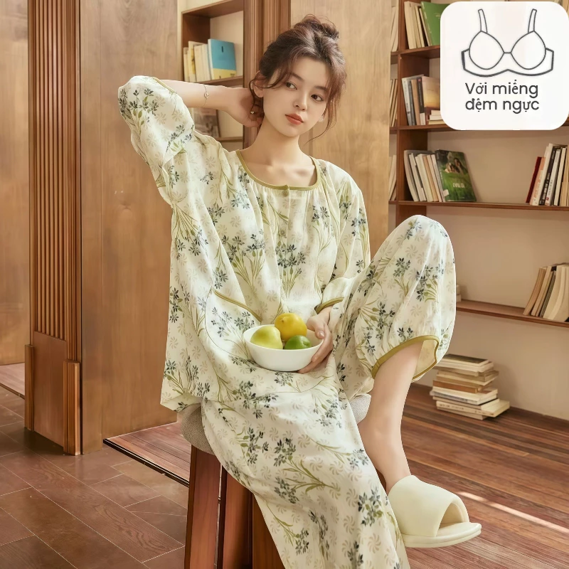 【Mã giảm giá-MI3PF738】Bộ đồ ngủ mùa xuân thu 2026, áo sơ mi dài tay 7 phần + quần dài 9 phần, họa tiết hoa nhí dễ thương, có áo ngực tích hợp cố định, chất cotton mát mịn, mặc nhà hay đi chơi đều sang trọng