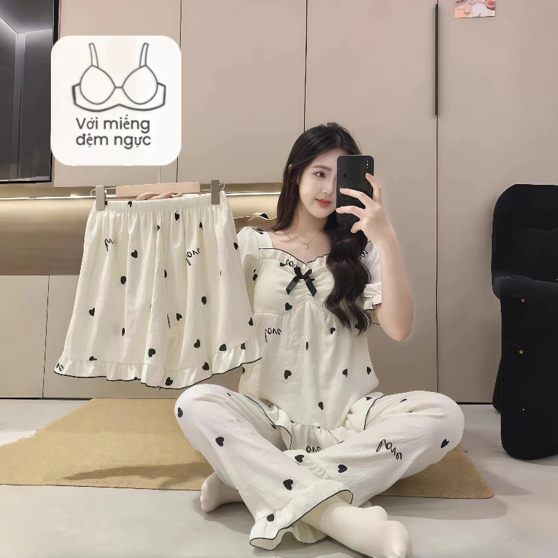 【Mã giảm giá-MI3PF738】Bộ đồ ngủ 3 mảnh mùa hè 2026, áo thun cổ tròn in hình + quần short + quần dài trơn, cotton mây mềm mịn Hàn Quốc