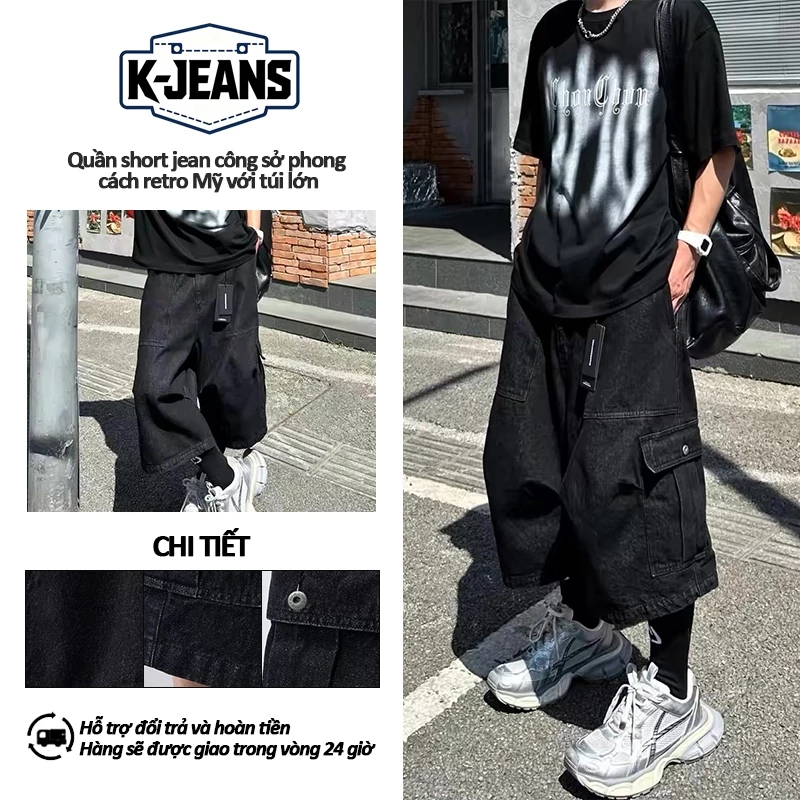 Quần short cargo 7 phần nam nữ cùng mẫu phong cách vintage Mỹ màu đen giặt nước dáng suông rộng nhiều túi lớn, vải bền thoáng mát mặc hàng ngày đi chơi dạo phố, kiểu thời trang unisex dễ phối mọi áo