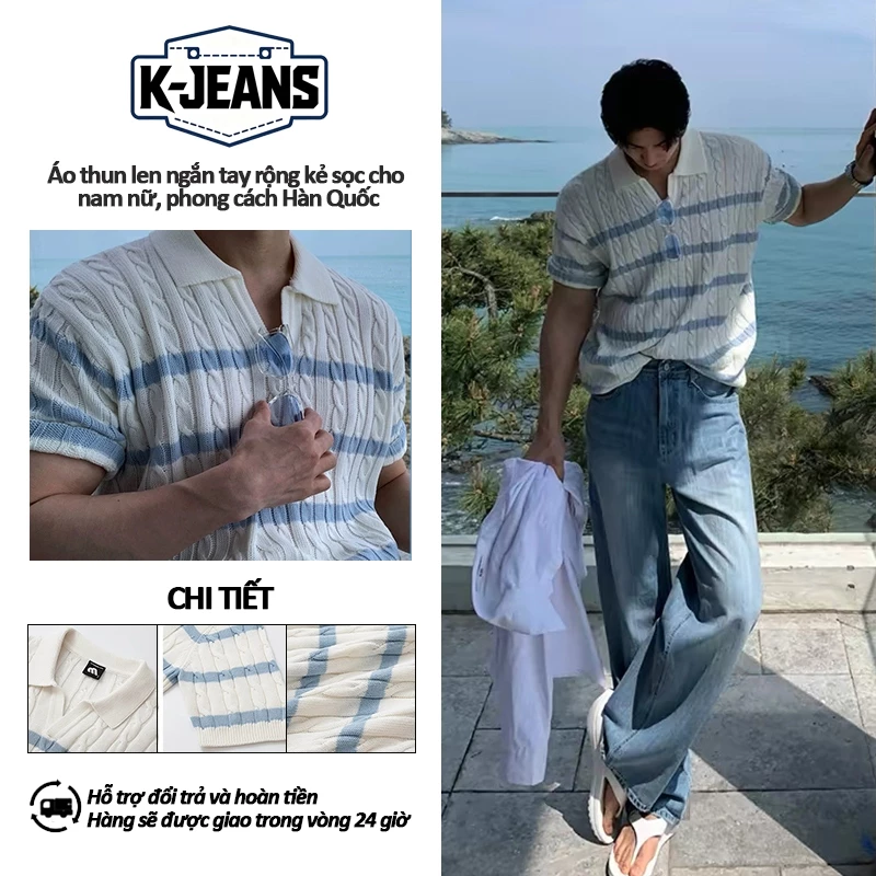 Áo Knit Short Sleeve Nam Hoa Sọc Collar Dáng Oversize Mùa Hè Phong Cách Hàn Quốc Casual Công Sở, chất vải êm ái thoáng mát phù hợp đi làm đi chơi, unisex dễ phối mọi loại quần hot trend thời trang nam