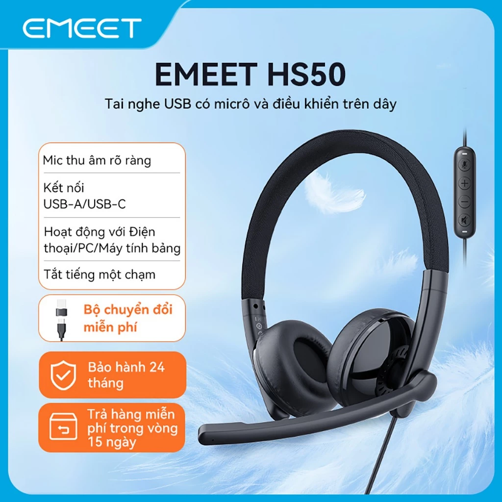 [Giao hàng trong nước] Tai nghe có dây Trung tâm cuộc gọi Tai nghe máy tính EMEET HS50 có micrô cho văn phòng tại nhà Lớp học trực tuyến Zoom