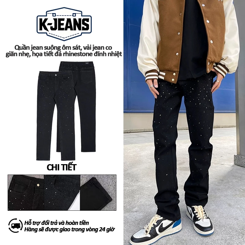 Quần jean nam màu đen giặt nước vintage phong cách Âu Mỹ dáng suông ôm chân co giãn nhẹ, toàn thân đính đá lấp lánh thiết kế độc đáo, chất denim mềm co giãn không gò bó, kiểu thời trang streetwear