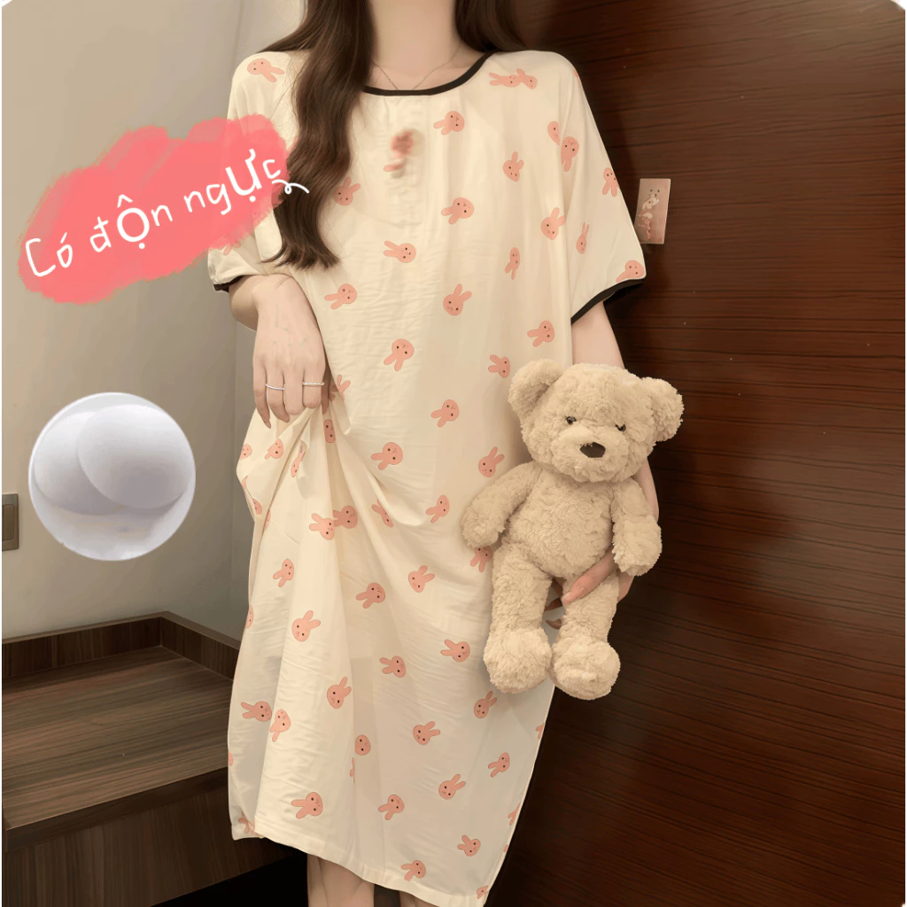 【Có độn ngực】Đầm ngủ nữ dáng dài dễ thương mới hè 2026: Áo ngủ cotton mát cổ tròn tay ngắn, in hình hoạt hình ngọt ngào xinh xắn【mặc nhà hay dạo phố đều đẹp】