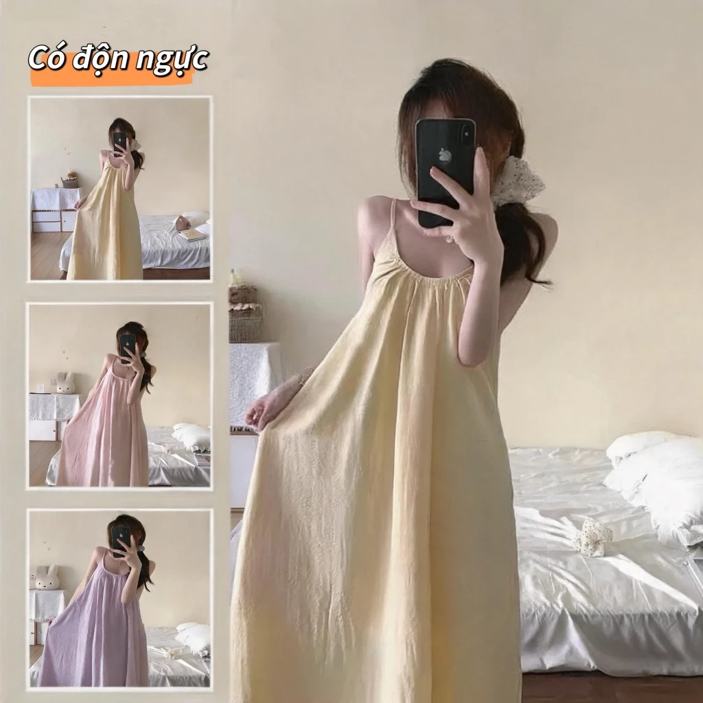 Mùa Hè Màu Trơn Nữ Sling Cotton Váy Ngủ Ngọt Ngào Có Thể Mặc Bên Ngoài Mùa Hè Đơn Giản Nhà Đầm 2026 Phong Cách Mới