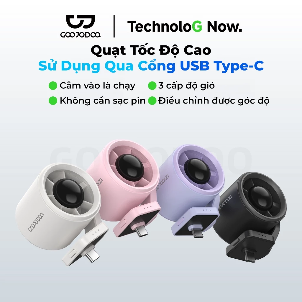 Quạt Mini GOOJODOQ USB Type C di động cho điện thoại Powerbank 180° Tay Turbo Jet xoay GFS032