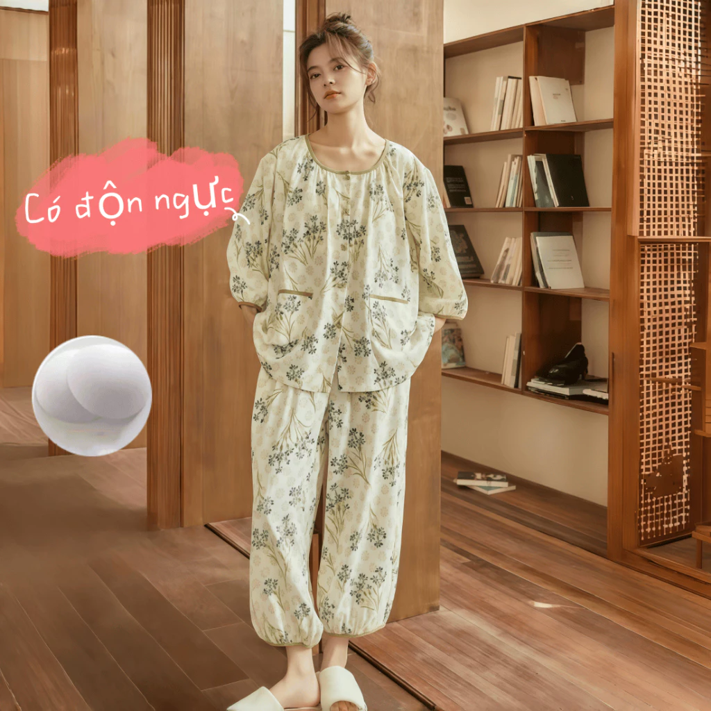 【Có độn ngực】Bộ đồ ngủ nữ mới thu xuân 2026: Áo cardigan tay 3/4 + quần dài 7/8, chất cotton mềm mại mỏng nhẹ, in họa tiết ngọt ngào, dáng rộng thoải mái【mặc nhà hay đi chơi đều xinh】