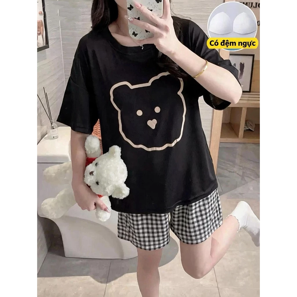 【Có đệm ngực】Đồ ngủ bộ nữ tay ngắn quần sóc có đệm ngực - Họa tiết thú động vật hoạt hình, thời thượng, mặc nhà hoặc ra ngoài
