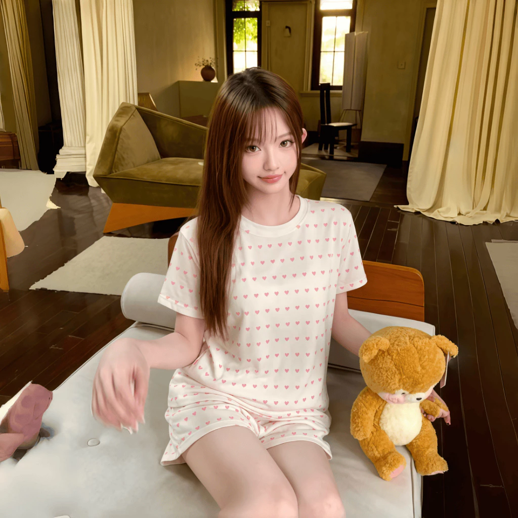 Cổ Tròn Cô Gái Ngọt Ngào Sinh Viên In Hình Tình Yêu Bộ Đồ Ngủ Ngắn Tay Nữ Phong Cách Mùa Hè Kích Thước Lớn Có Thể Mặc Bên Ngoài Homewear Phù Hợp Với