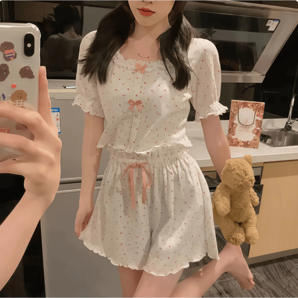 Phong Cách Công Chúa Bé Gái Bộ Đồ Ngủ Hoa Nữ Mùa Hè Giả Quần Short Cotton Phù Hợp Với Ngọt Ngào Dễ Thương Homewear Mùa Hè Hai Mảnh Phù Hợp Với Nữ