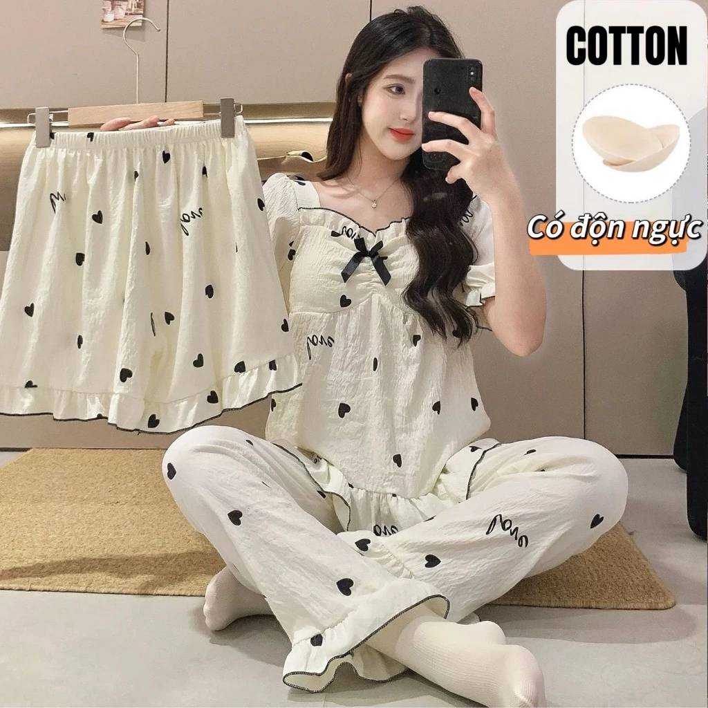 【Cotton có đệm ngực】Bộ đồ ngủ 3 món mùa hè cổ vuông viền ren – Áo ngắn tay + quần đùi + quần dài – Phong cách Hàn Quốc ngọt ngào – Mỏng nhẹ thoáng mát – Giao ngay