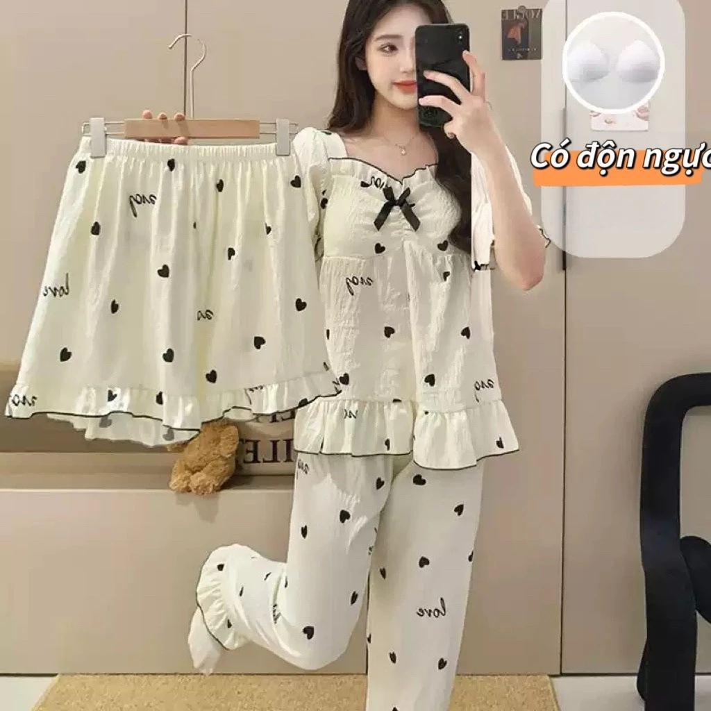 【Bộ 3 món có độn ngực】Đồ ngủ công chúa cổ vuông tay phồng ren mùa hè cotton mềm mại - Áo ngắn tay + quần soóc + quần dài mặc nhà