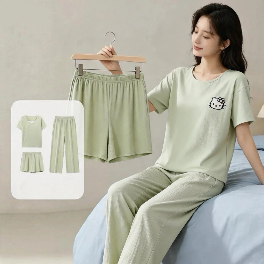 【Bộ 3 món mát mẻ】Đồ ngủ mặc nhà cotton mỏng nhẹ mùa hè - Áo ngắn tay + quần soóc + quần dài màu trơn thoáng khí