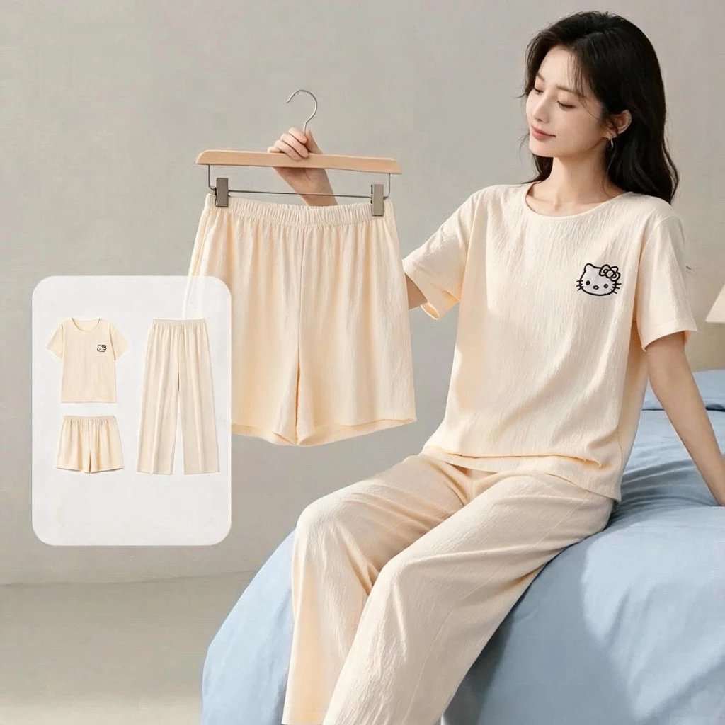 Bộ 3 món đồ ngủ mùa hè cotton nguyên chất - Áo ngắn tay + quần đùi + quần dài - Chất vải mềm mại, thoáng mát, thấm hút mồ hôi, nhanh khô - Đồ ngủ tại nhà thoải mái - Mẫu hot bán chạy - Free ship ✅ Giao hàng trong ngày