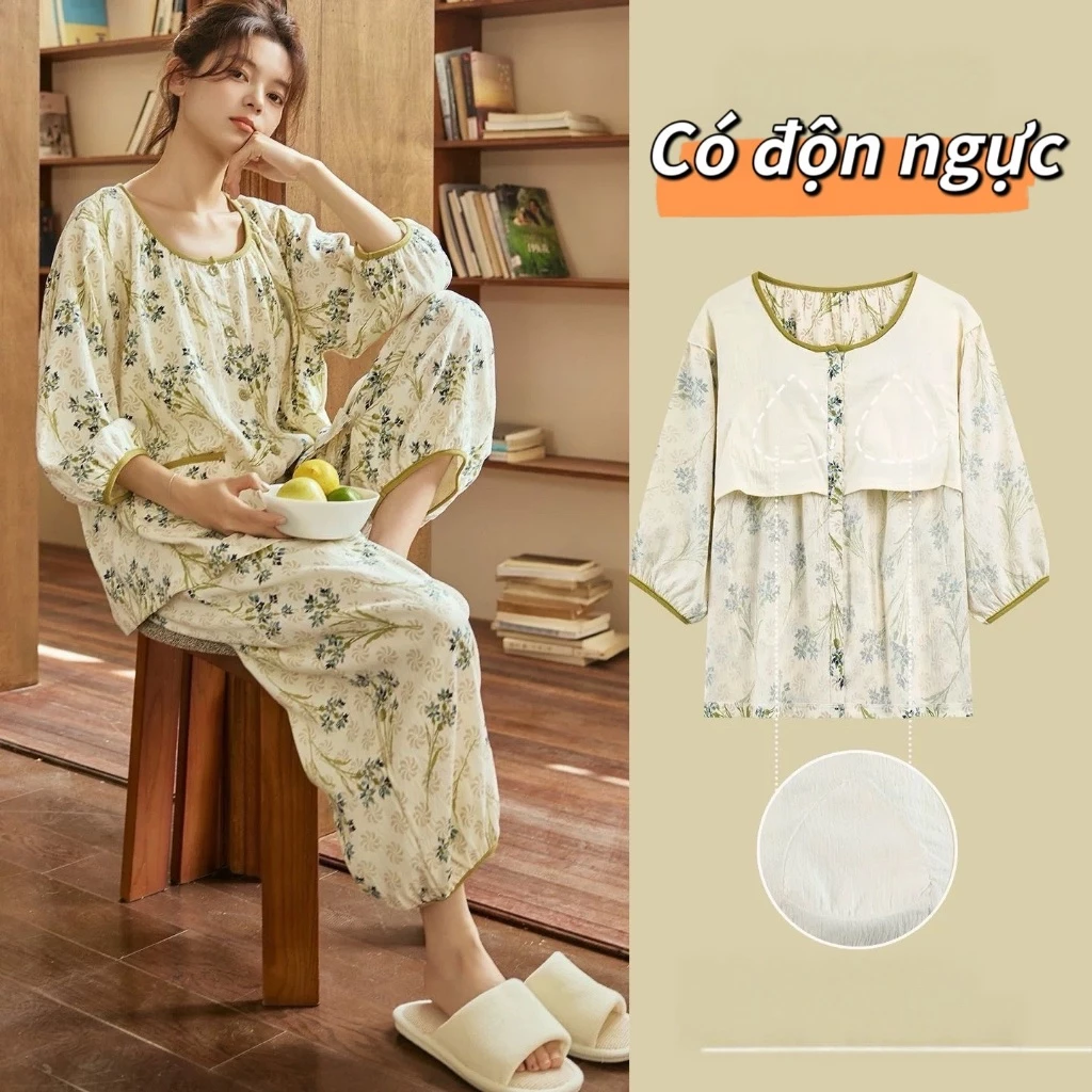 Bộ đồ ngủ mùa hè mới nhất, chất vải mỏng nhẹ, dáng rộng thoải mái, tay 5 phần và quần 7 phần - có thể mặc ở nhà hoặc đi ra ngoài.