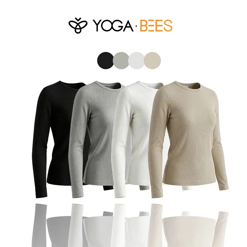 Áo dài tay cổ tròn sọc dọc YOGA BEES dành cho nữ, vừa vặn, mềm mại, co giãn, thoáng khí, khô nhanh, thích hợp cho yoga, chạy bộ, tập thể dục, áo thun xếp lớp hàng ngày, 4 C