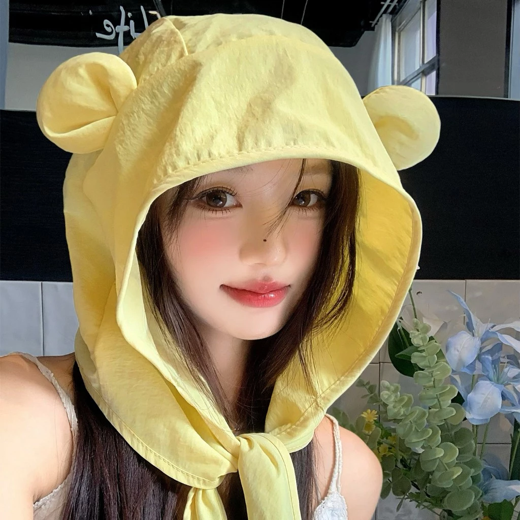 Tai Gấu Dễ Thương Nhanh Khô Mũ Chống Nắng Nữ Mùa Hè Mỏng Phong Cách Thoáng Khí Baotou Mũ Ngoài Trời Tấm Che Nắng Xô Nón