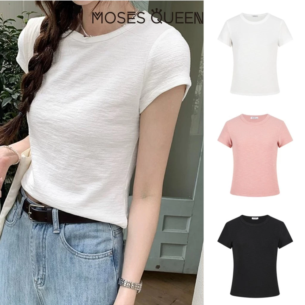 MOSESQUEEN Slim Màu Trơn Thời Trang Top Mùa Hè Mới Slim Joker Họa Tiết Sense Cổ Tròn Vai Áo Thun Tay Ngắn #62955