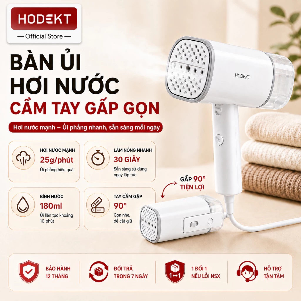 Máy Ủi Hơi Cầm Tay HODEKT 1000W Bình Nước 180ml Công Suất Hơi 25g/phút Phù Hợp Mọi Loại Vải