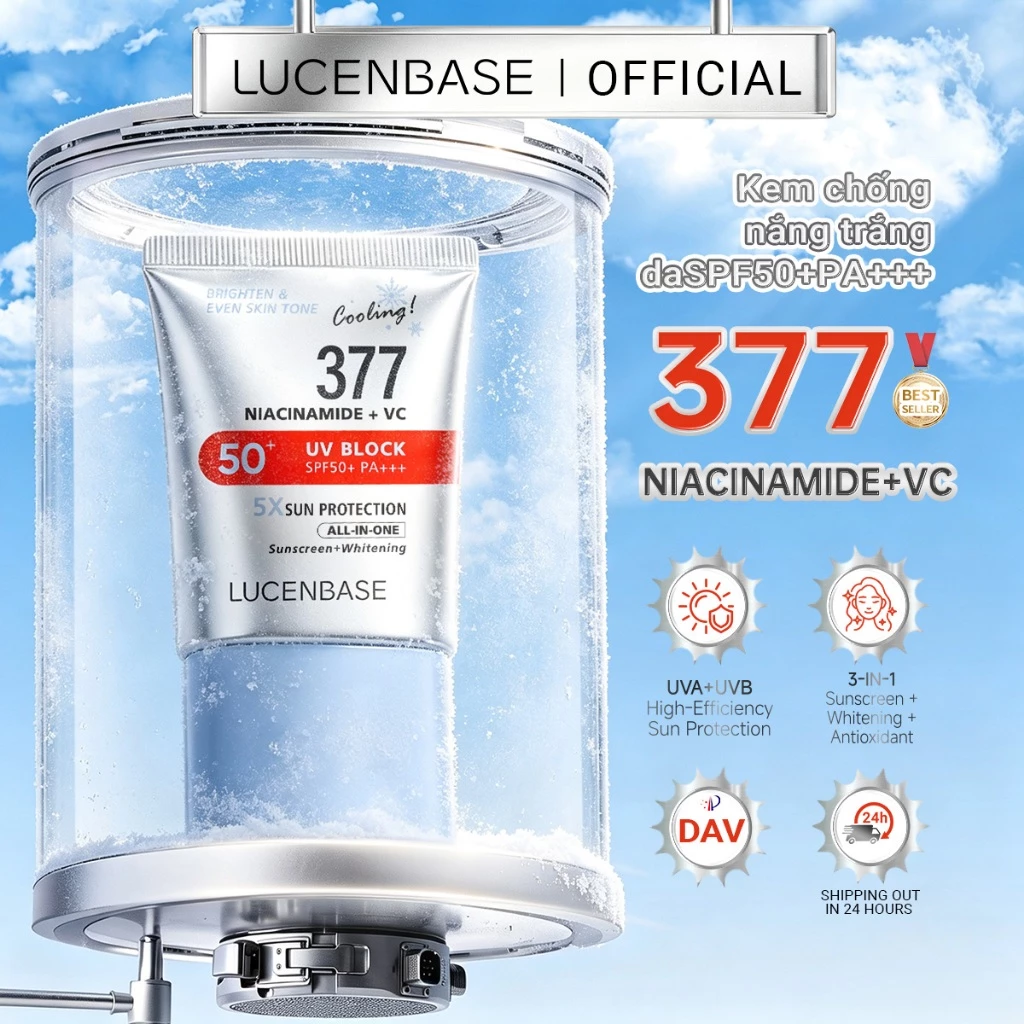 Kem Chống Nắng 377 LUCENBASE Nâng Tông Trắng Da SPF50+ PA+++ (30g) Dưỡng Trắng Kiềm Dầu Chống Nước Chứa