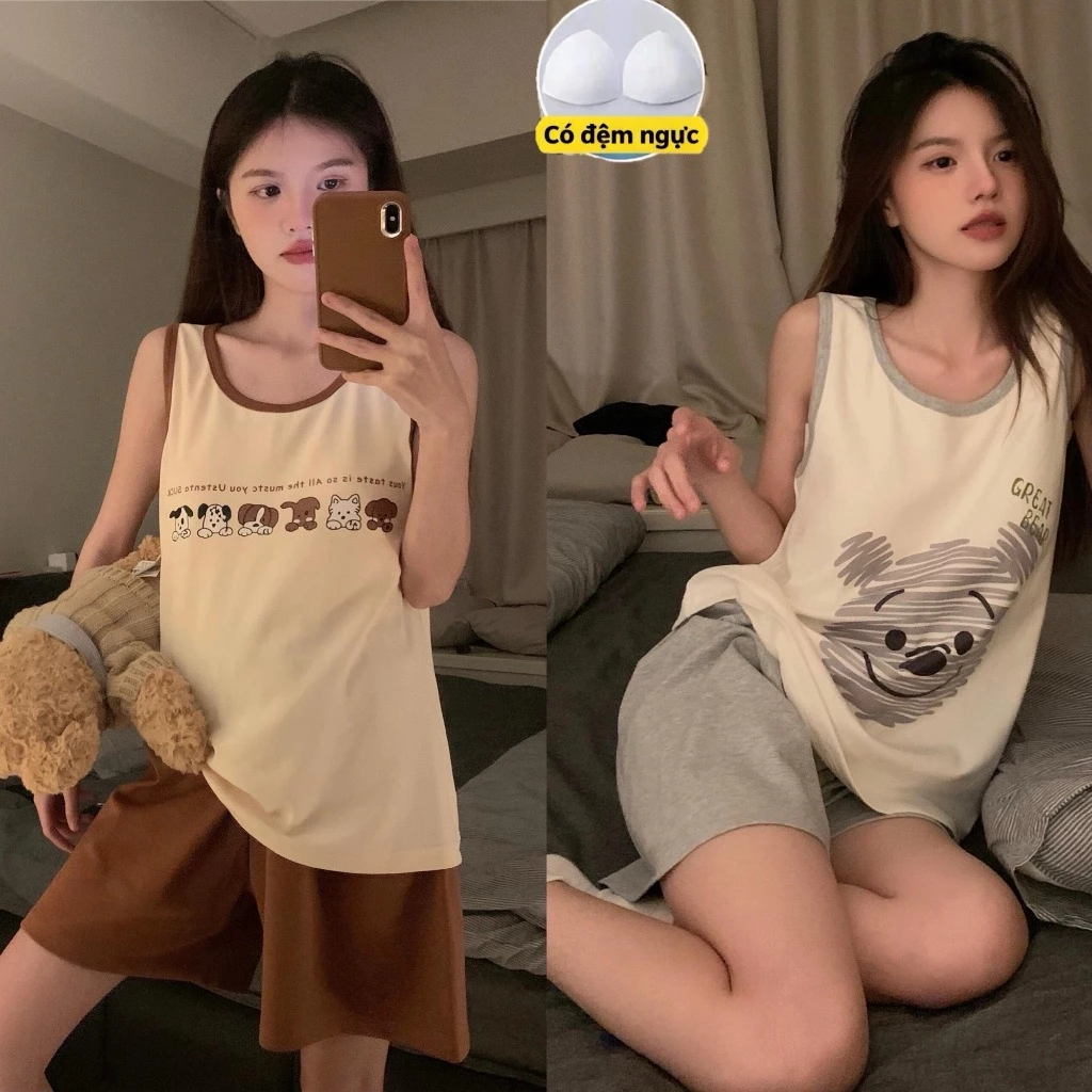 【Phiên bản cá tính có miếng ngực】Bộ đồ ngủ mùa hè áo không tay + quần short, chất liệu mỏng mát, dáng rộng thoải mái, phong cách học sinh