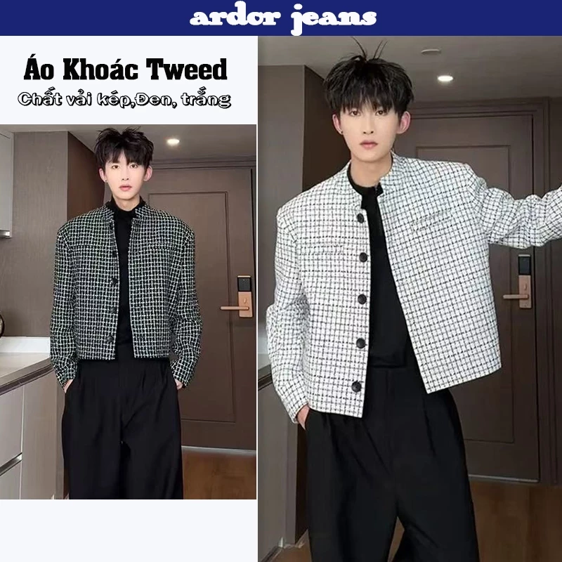 Áo khoác dạ nam nữ trắng đen baggy tweed cao cấp chất liệu cổ tròn unisex dạ phong cách trẻ trung sang trọng
