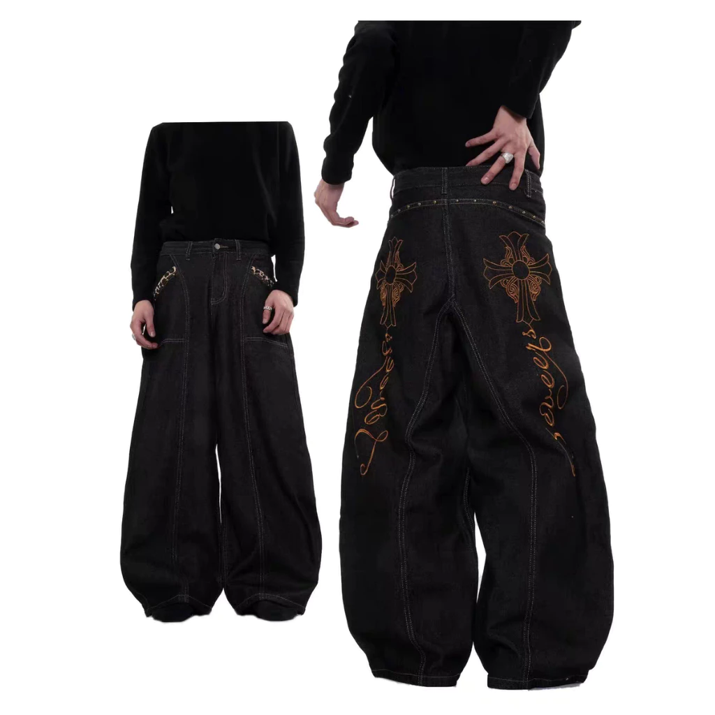 Quần Denim ống rộng lớn mùa thu 2026 có thiết kế thêu chữ thập cho thời trang Unisex