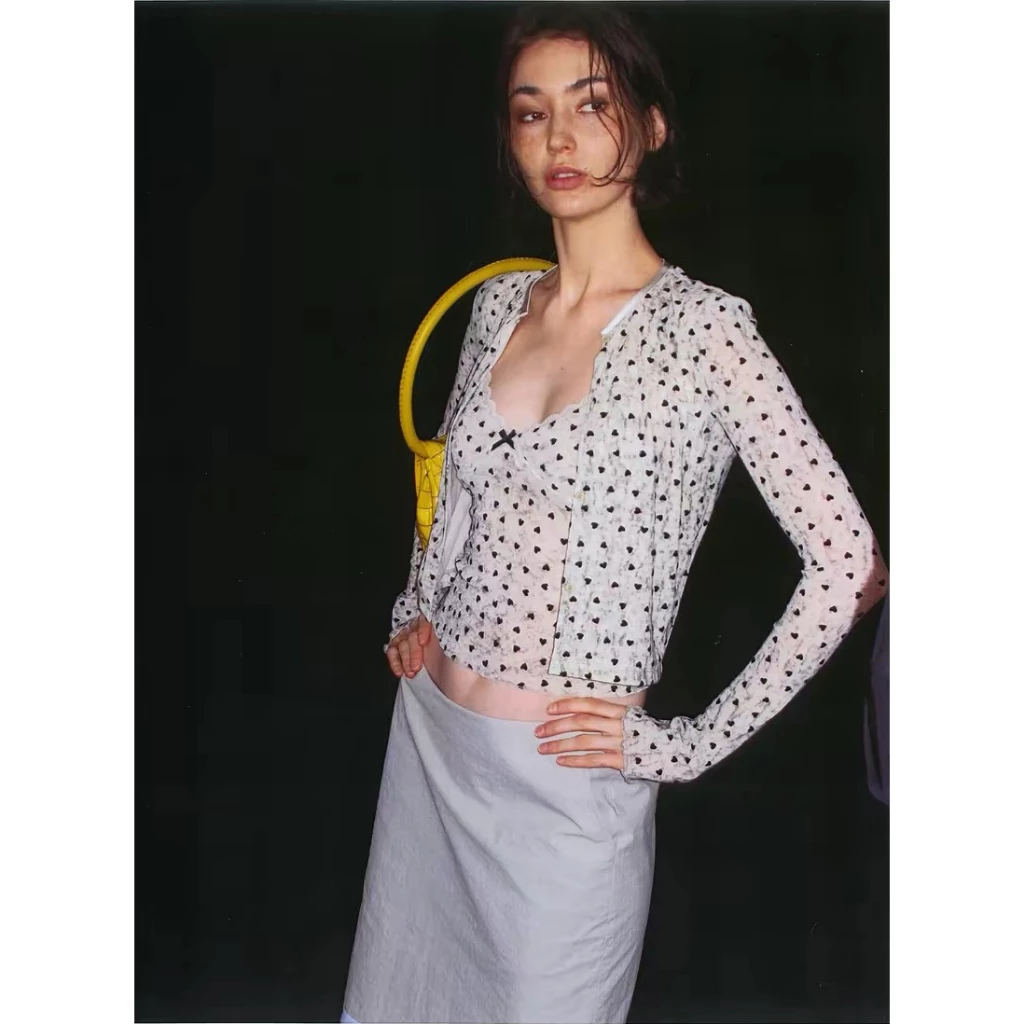 [Seeyou studio] Áo len Cardigan crop top cổ tròn hình trái tim mỏng trang phục 2 mảnh6146 + 6147