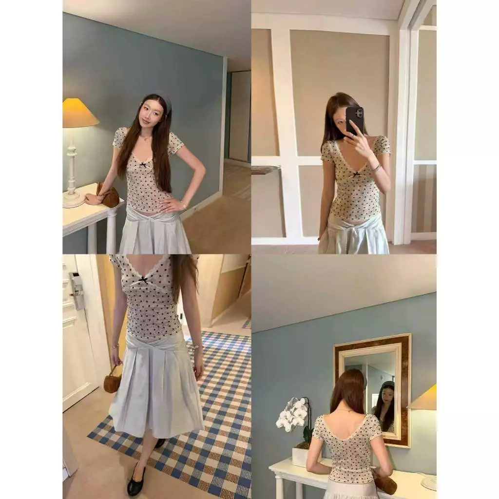 [Seeyou studio] Áo thun cổ chữ V đa năng chấm bi đơn giản kiểu Hàn Quốc dành cho nữ, Áo thun cổ chữ V cổ chữ V đa năng phong cách mong muốn thuần khiết mùa hè có dây buộc in họa tiết ngắn tay 6386