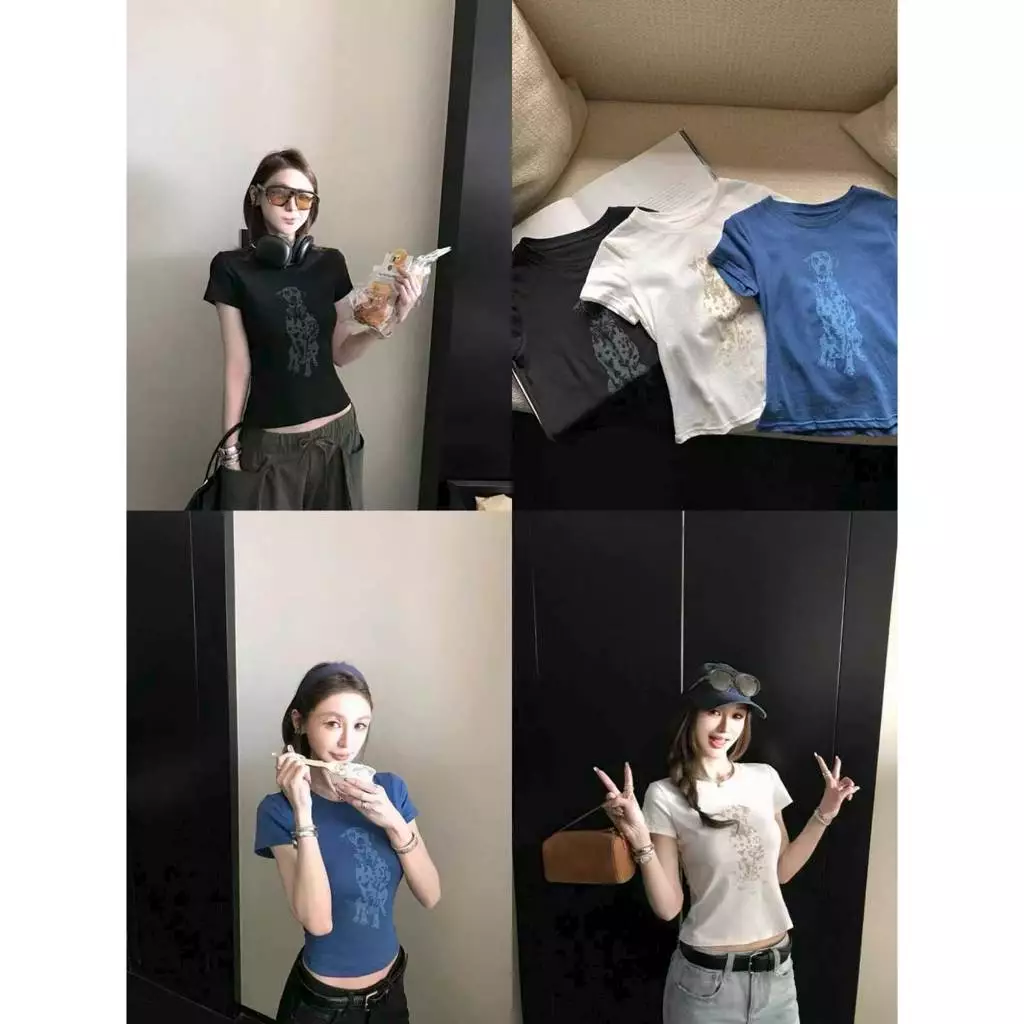 [Seeyou studio] Áo thun nữ mùa hè in hình chó con cao cấp Slub vải lanh Cotton đeo vai thường ngày cổ tròn tay mềm mại cổ điển tay ngắn Top6382