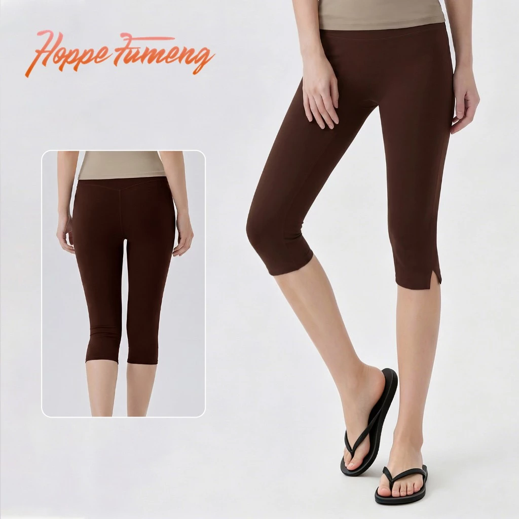[Hoppe Fumeng] Quần tập yoga thể dục nữ cạp cao nâng hông dài đến đầu gối màu trơn