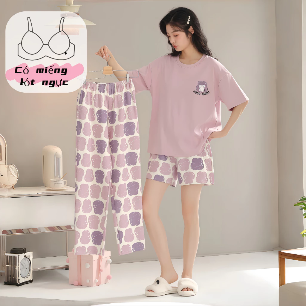 【BỘ 3 MÓN CÓ ĐỆM NGỰC】Set đồ ngủ nữ 3 món mùa thu - Áo tay ngắn + Quần dài + Quần short, thiết kế ĐA NĂNG, mặc nhà thoải mái