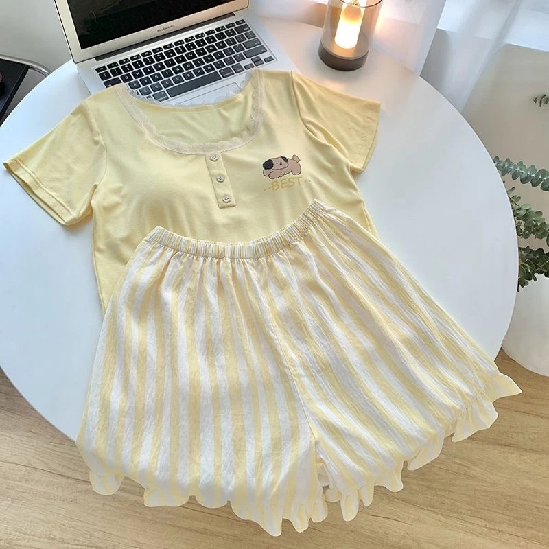 Đồ ngủ in hình chú chó con sọc dễ thương có đệm ngực cho phụ nữ thoải mái tại nhà