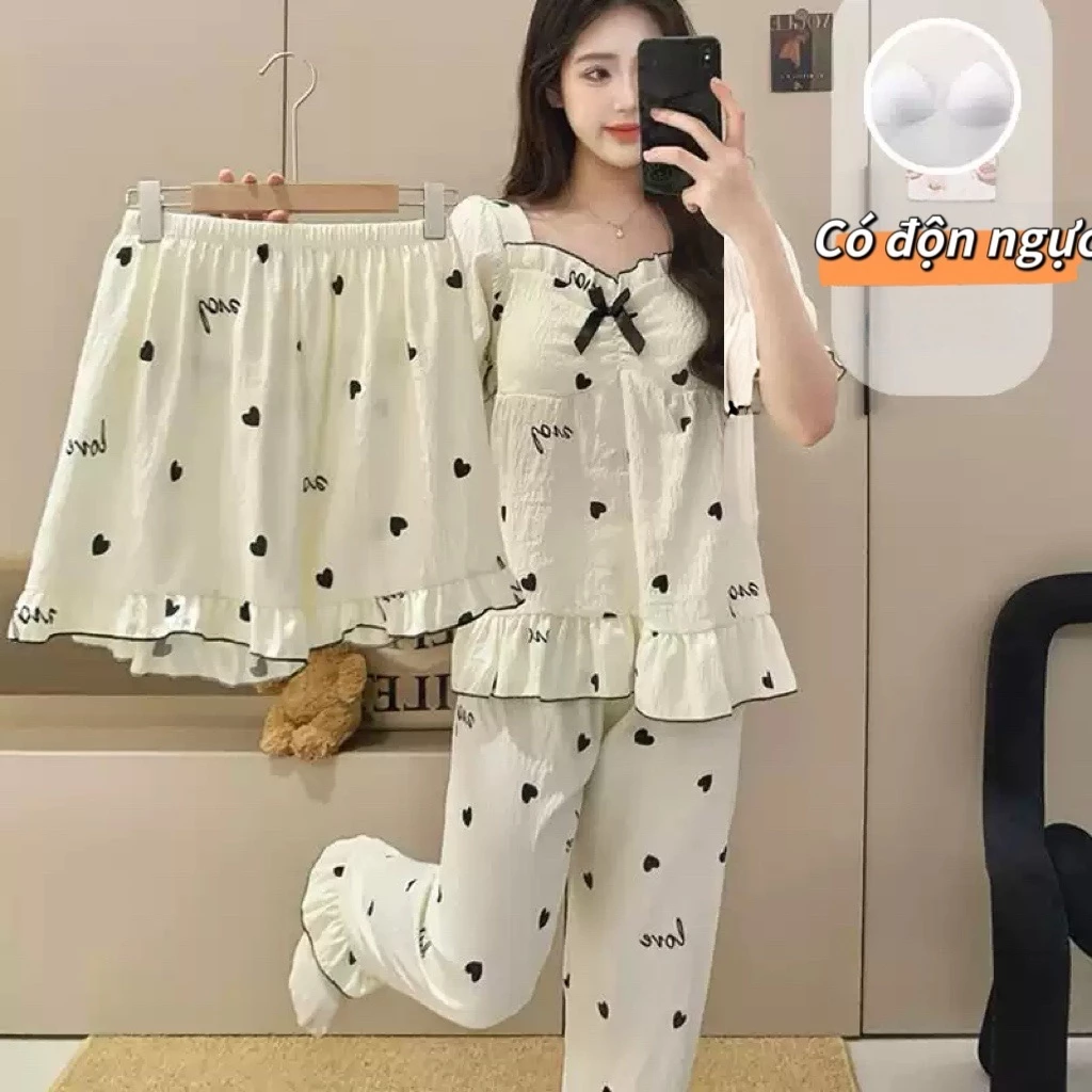 Bộ 3 món đồ ngủ mặc nhà mùa hè - Chất cotton mềm mại, có độn ngực - Cổ vuông thanh lịch - Áo ngắn tay + quần đùi + quần dài - Phong cách công chúa ngọt ngào - Mặc được quanh năm - Giao hàng nhanh ✅ Free ship