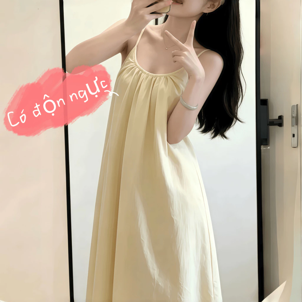 MI3PF1095【Có độn ngực】Bộ đầm ngủ nữ mới hè 2026: Áo dây quai màu vàng nhạt ngọt ngào, chất cotton mềm mại, dáng rộng thoải mái【mặc nhà hay đi chơi đều xinh】