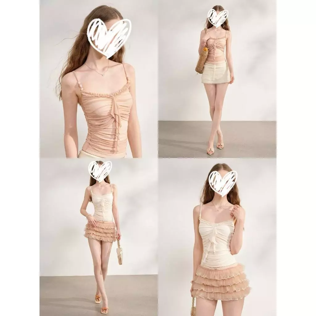 [Seeyou studio] Mùa hè 2026 Phong cách Hàn Quốc mới Sheer Mesh Ruffle Slim Fit Cami Top, Pure Desire Thẩm mỹ5974