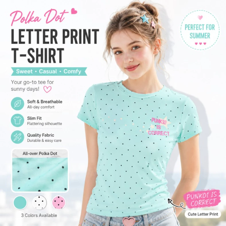 Áo thun ngắn tay in chữ chấm bi cổ điển kiểu Mỹ dành cho nữ: Áo crop Top màu xanh bạc hà Slim-Fit đa năng cho mùa hè [BL]