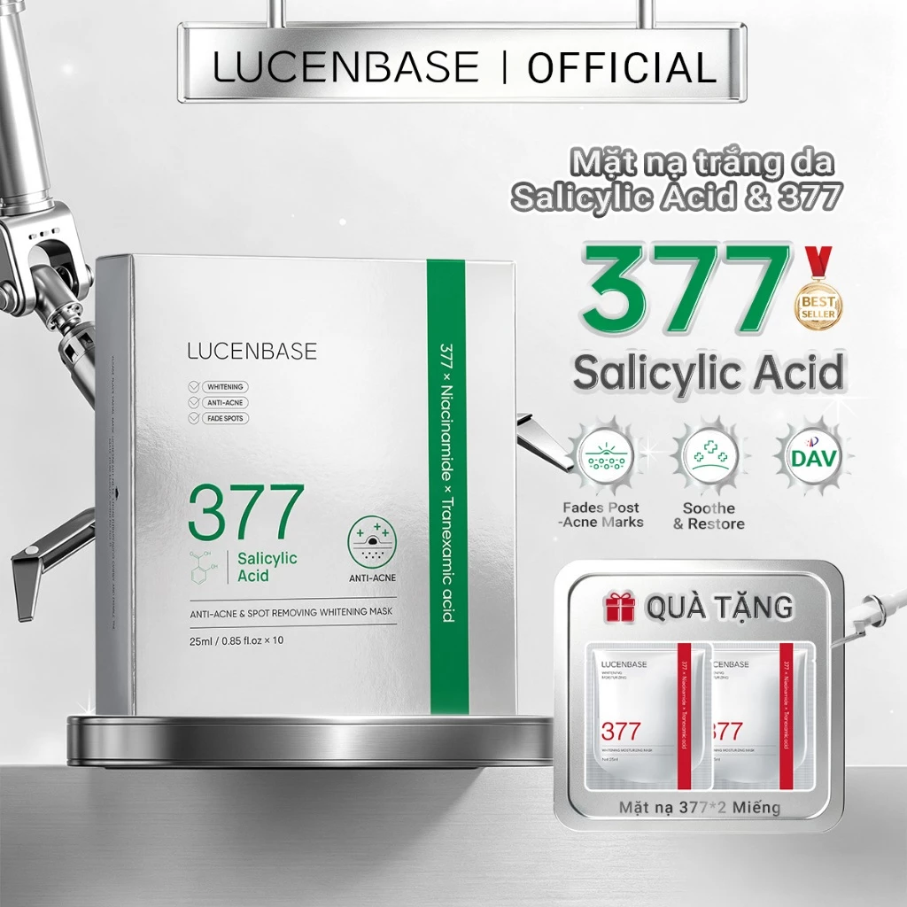 [Mua 1 Tặng 2] Than hoạt tính LUCENBASE 377 + Mặt nạ axit Salicylic – Mặt nạ đen cao cấp | 10 tờ / hộp (25 ml / tờ)