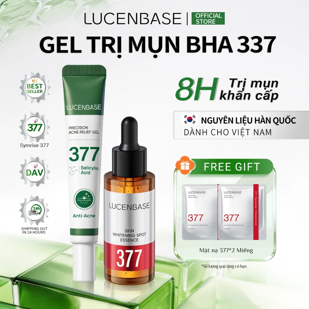 Bộ LUCENBASE Giảm Mụn & Dưỡng Trắng - Tinh Chất 377 (30ml) + Gel BHA 377 (20g) - Mờ Thâm & Dịu Da