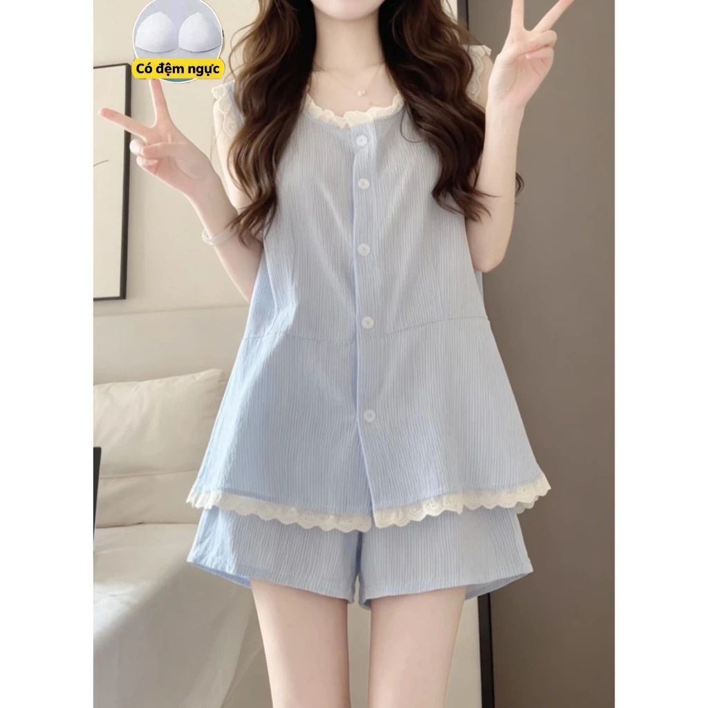 【Có độn ngực】Bộ đồ ngủ nữ mới xuân hè 2026: Áo dây quai/dây đeo màu xanh dễ thương?Chất cotton mềm mại?In hình chấm bi (polka) và nơ xinh?Quần đùi mặc nhà thoáng mát?Phong cách thoải mái