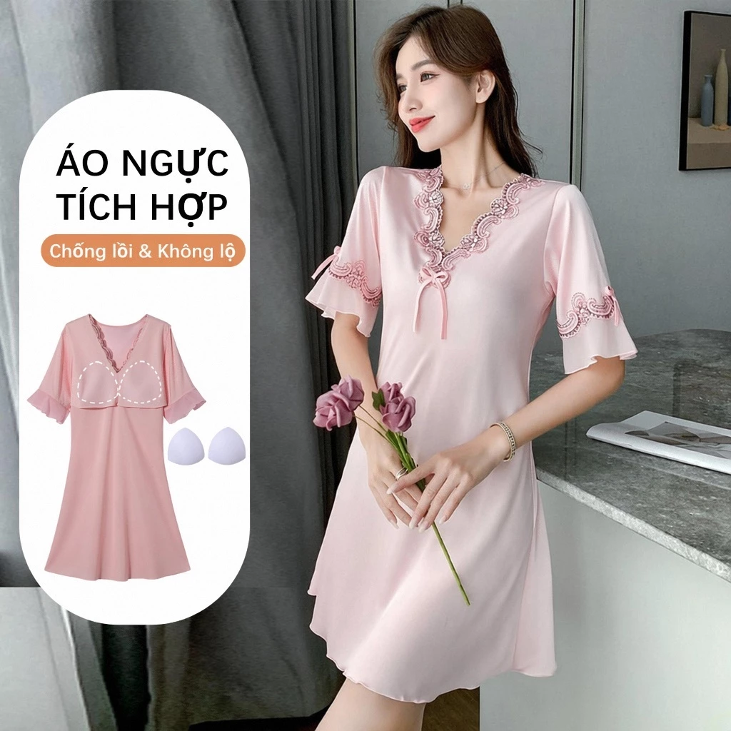 đồ ngủ bộ nữ 🌸Váy ngủ🌸Đồ ngủ nữ lụa satin có mút ngực Mùa Hè Thoáng Mát Hàn Quốc Dễ Thương ngọt ngào