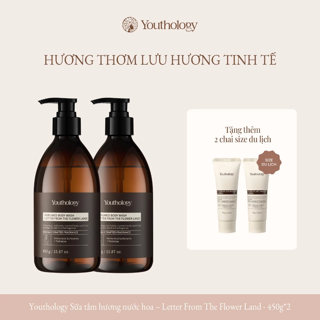 Youthology Sữa Tắm Hương Hoa 450g x2 - Làm Sạch Dịu Nhẹ, Dưỡng Ẩm Sâu, Lưu Hương Thơm Lâu Dài