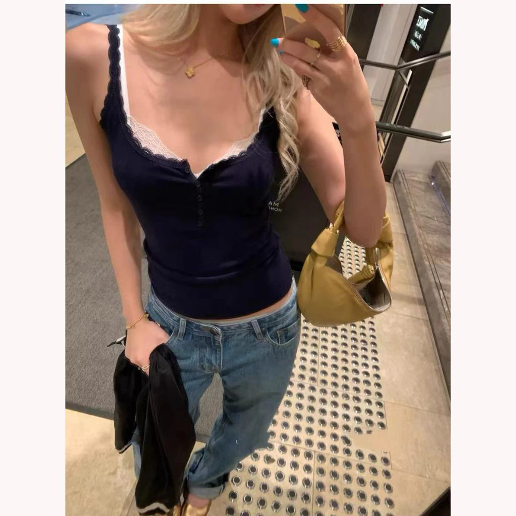[Seeyou studio] Áo hai dây ren thiết kế Hàn Quốc mùa hè mới, áo khoác ngoài & mặc bên trong Thoải mái Slim Crop Top6077