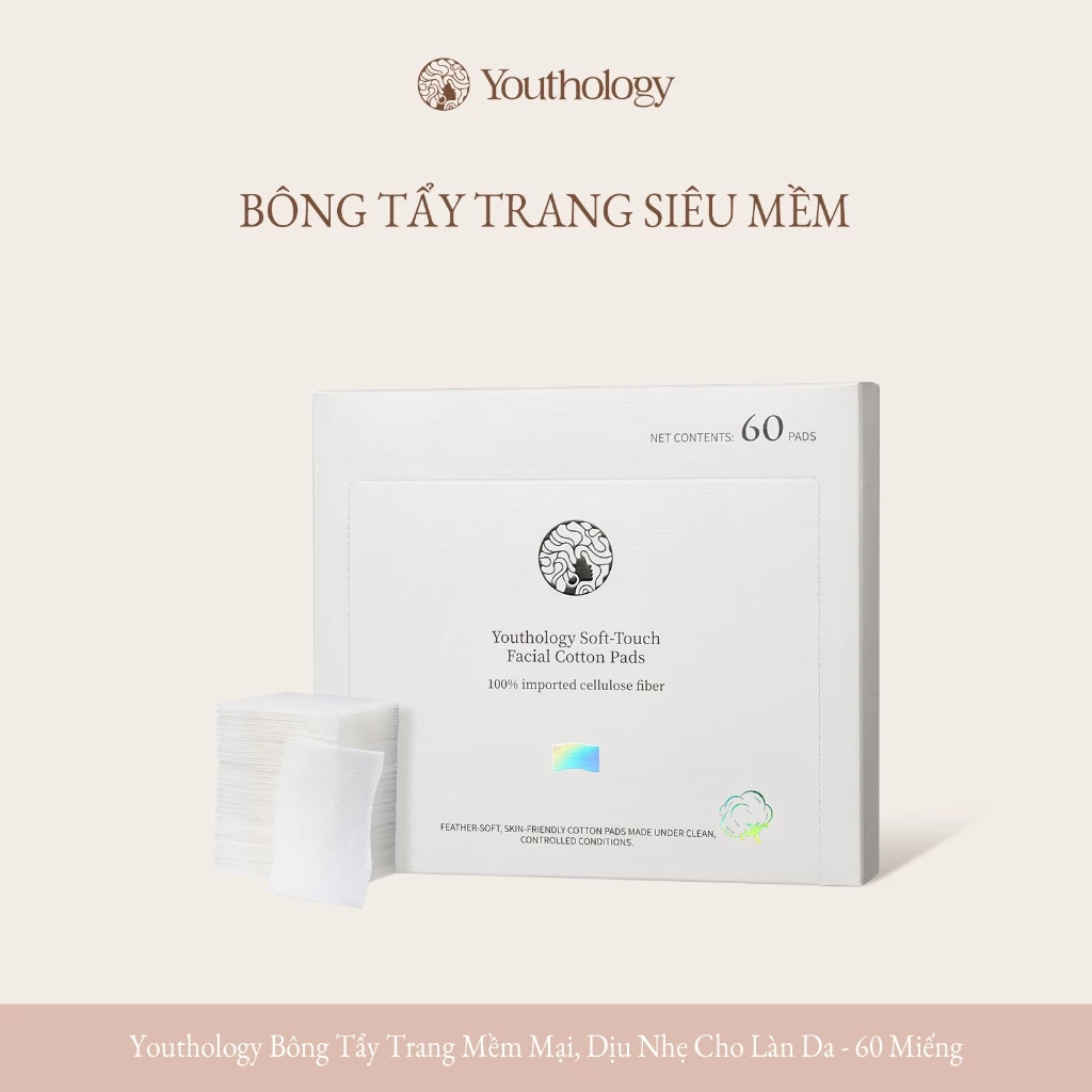 Youthology Bông Tẩy Trang 60 Miếng Siêu Mềm Không Xơ, Tiết Kiệm Dung Dịch, Dịu Nhẹ Cho Da