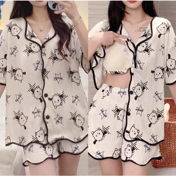 【có đệm ngực】Bộ đồ ngủ nữ mới xuân hè 2026: Áo cardigan + quần cotton mềm mại, in họa tiết ngọt ngào dễ thương, dáng rộng thoải mái【mặc nhà hay đi chơi đều xinh】