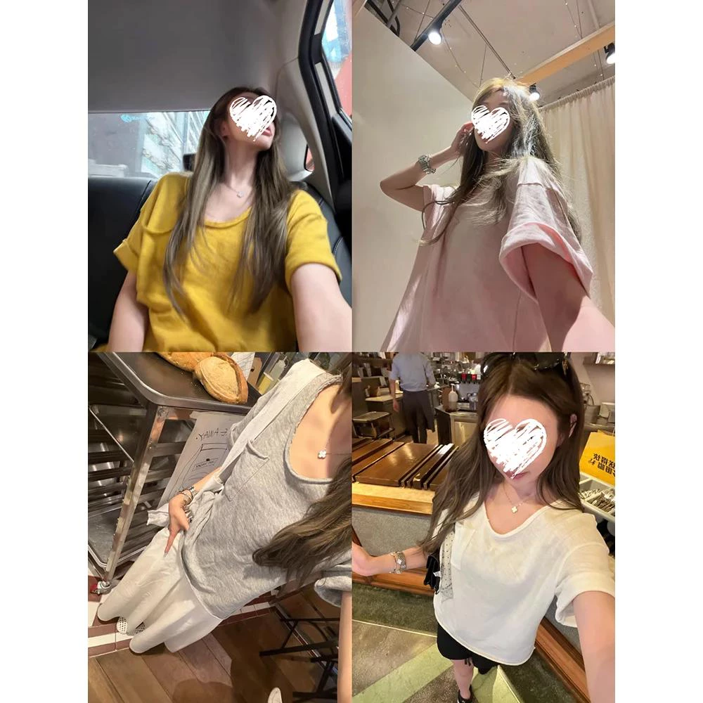 [Seeyou studio] Áo thun bỏ túi cổ chữ U mới mùa hè dành cho nữ, Áo thun ngắn tay kiểu dáng Hàn Quốc Top6359