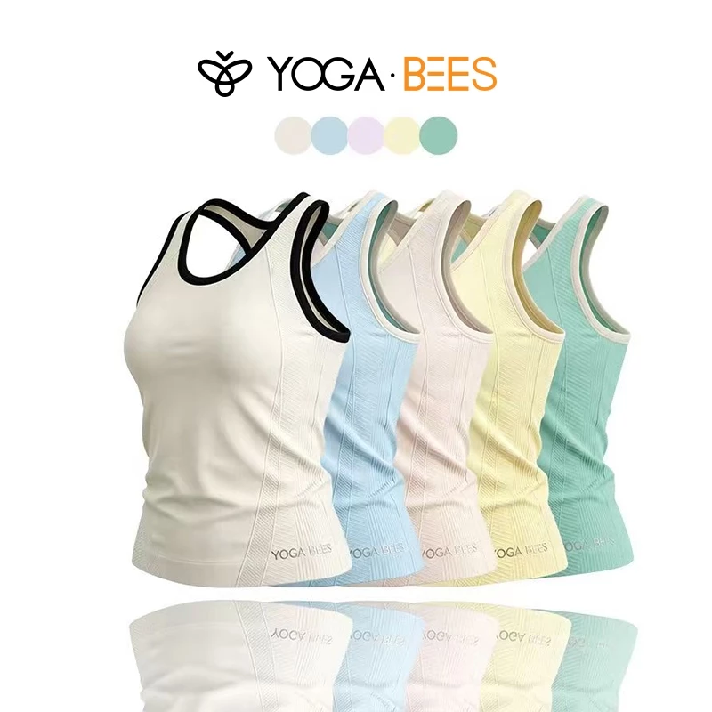 Áo Tank Racerback cổ tròn viền màu YOGA BEES dành cho nữ — Miếng đệm tích hợp, Slim-Fit, Co giãn, thoáng khí, không tay Yoga, Thể dục, Chạy bộ, Thể thao, Thể thao,