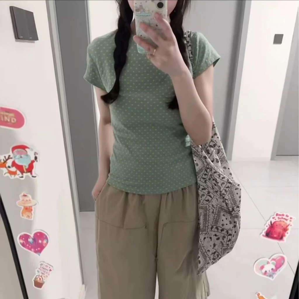[Seeyou studio] Áo thun dáng rộng chấm bi mùa hè Hàn Quốc dành cho nữ, Áo thun ngắn tay đa năng phong cách thông thường6214