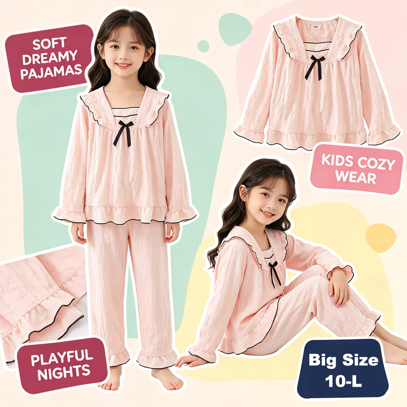 Phong cách mềm mại & chữa bệnh Bộ đồ ngủ thoải mái dài tay cho bé gái Màu trơn Bộ đồ ngủ đơn giản cho học sinh tiểu học